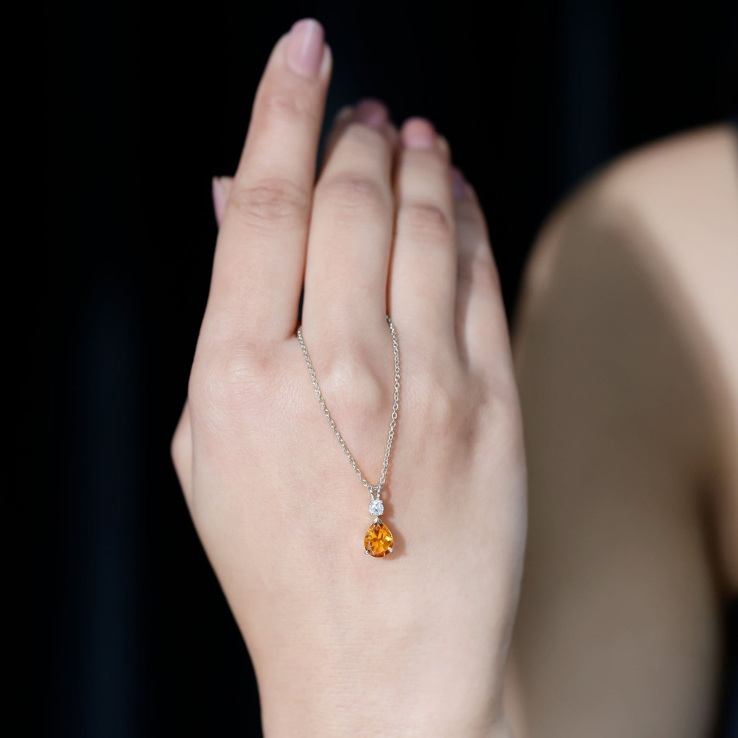 1 Carat Citrine Teardrop Pendant Necklace with Lab Grown Diamond