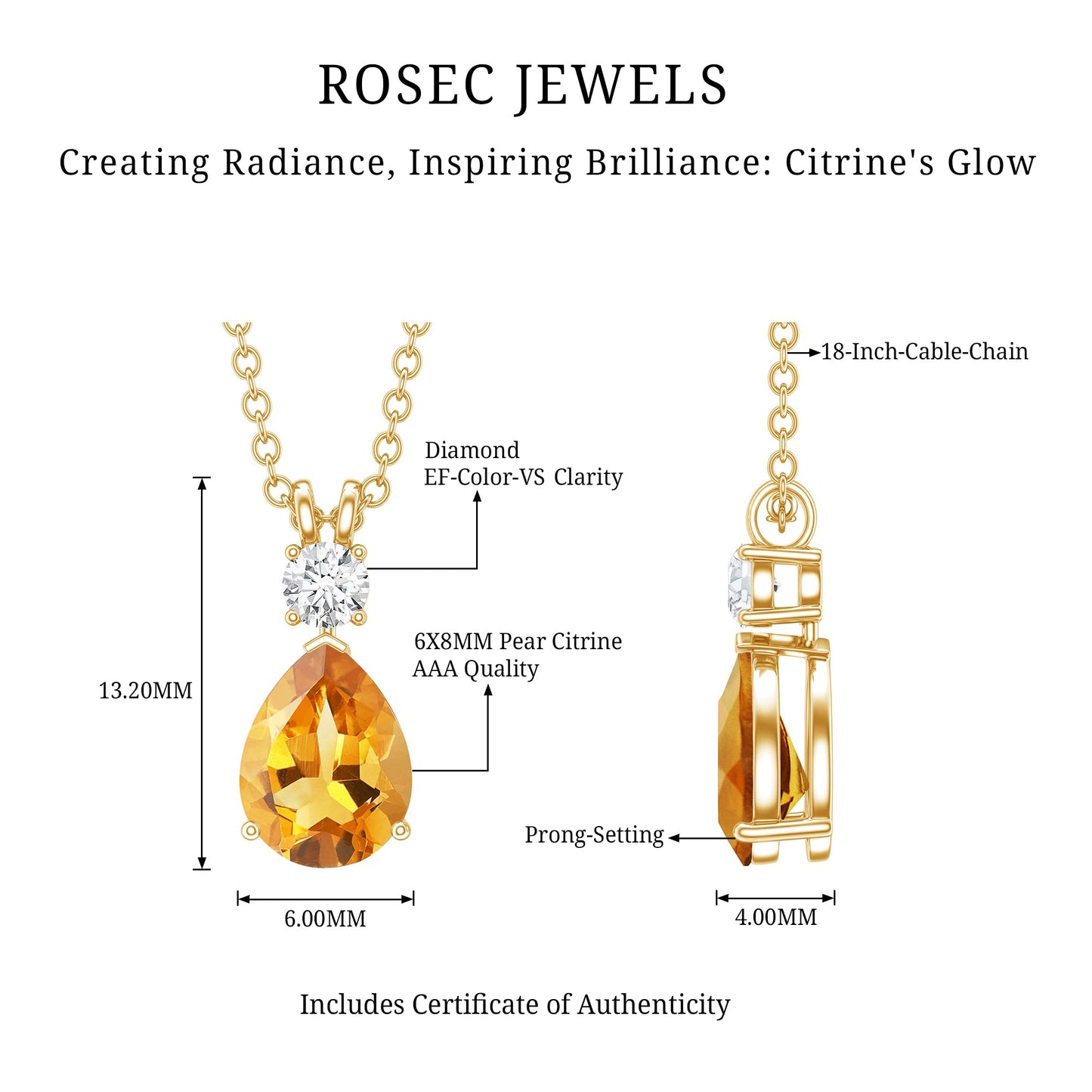 1 Carat Citrine Teardrop Pendant Necklace with Lab Grown Diamond
