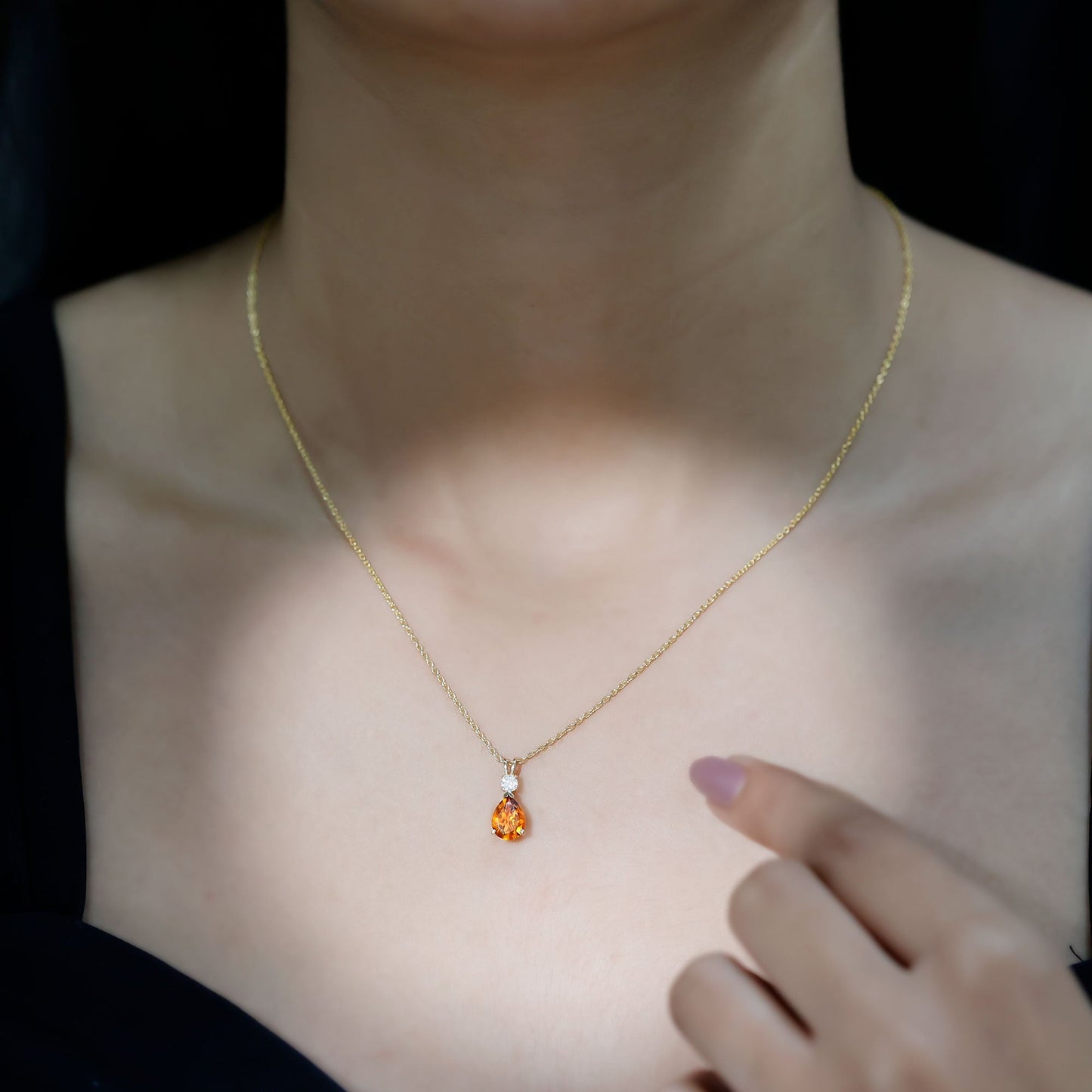 1 Carat Citrine Teardrop Pendant Necklace with Lab Grown Diamond