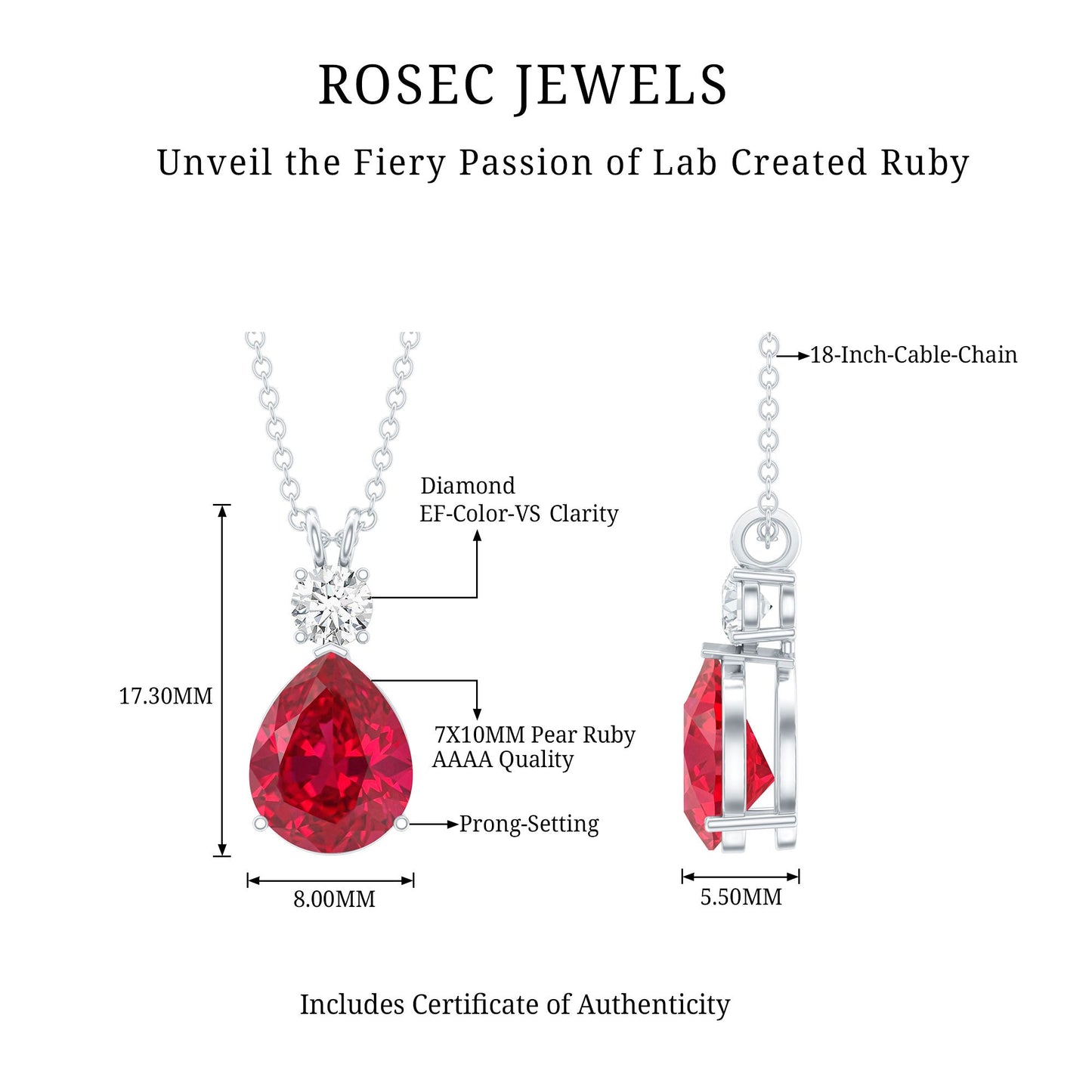 2.9 Carat Lab Created Ruby Teardrop Pendant with Diamond