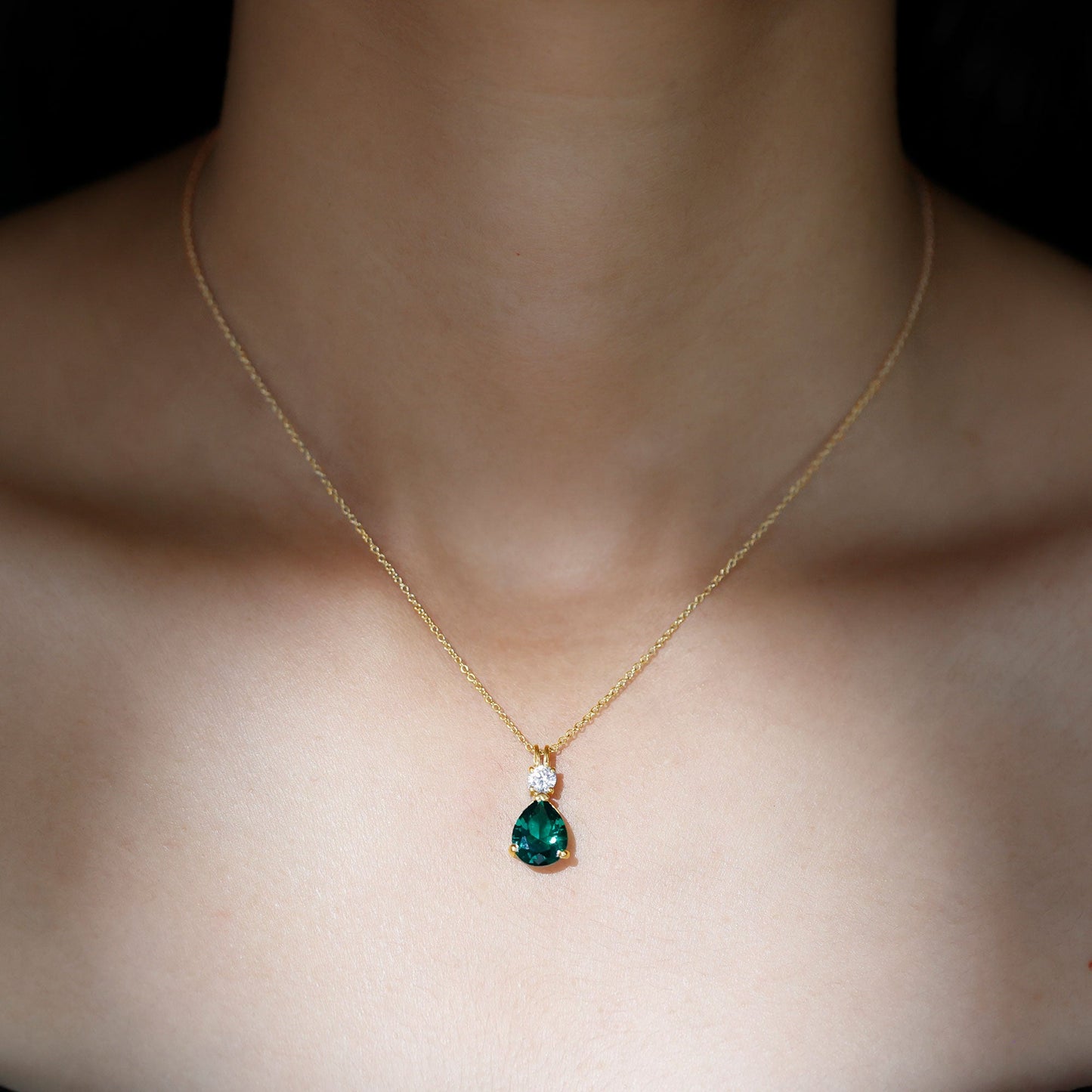 Lab Grown Emerald Teardrop Pendant with Moissanite