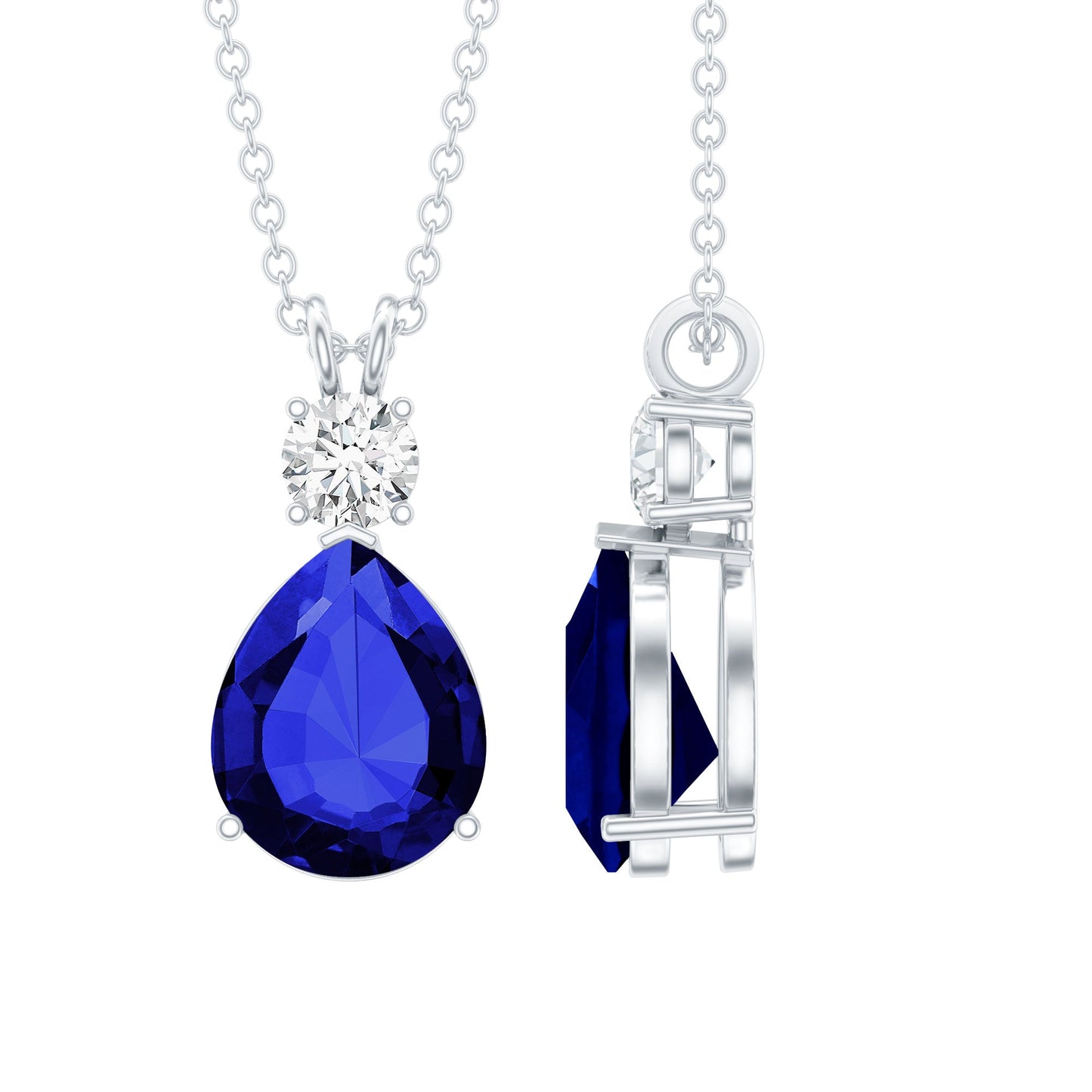Lab Created Blue Sapphire Teardrop Pendant Necklace with Diamond