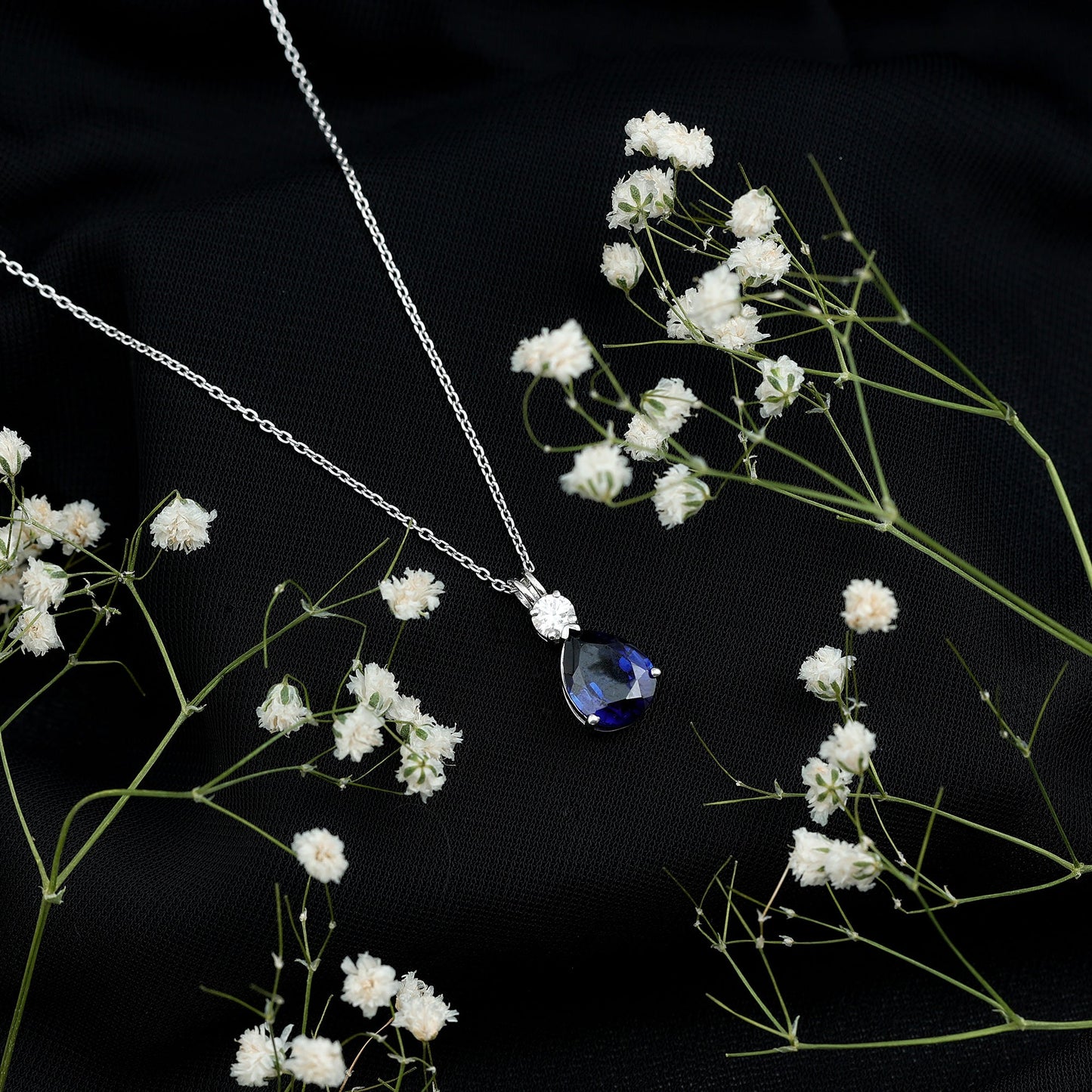 Lab Created Blue Sapphire Teardrop Pendant Necklace with Diamond