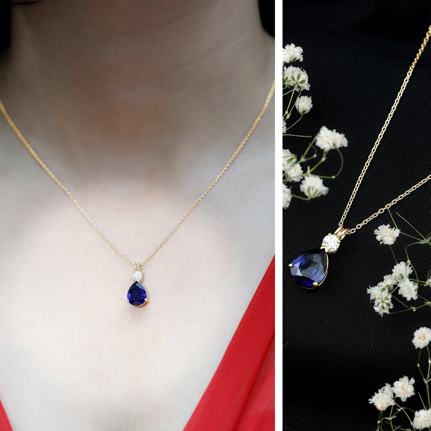 Lab Created Blue Sapphire Teardrop Pendant Necklace with Diamond