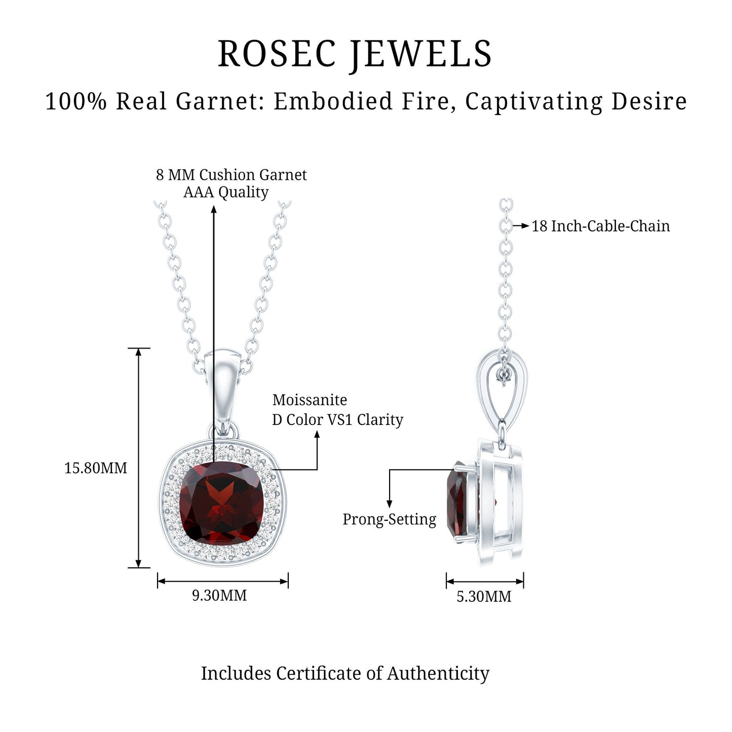 Cushion Cut Garnet and Moissanite Halo Pendant Necklace With Chain
