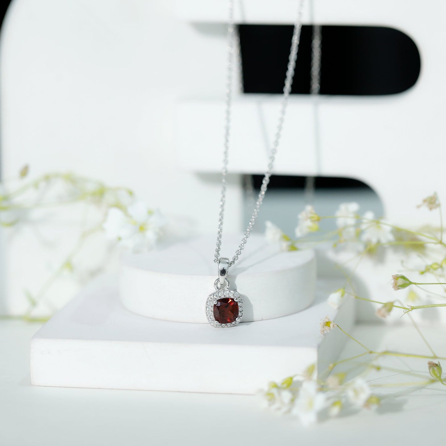 Cushion Cut Garnet and Moissanite Halo Pendant Necklace With Chain