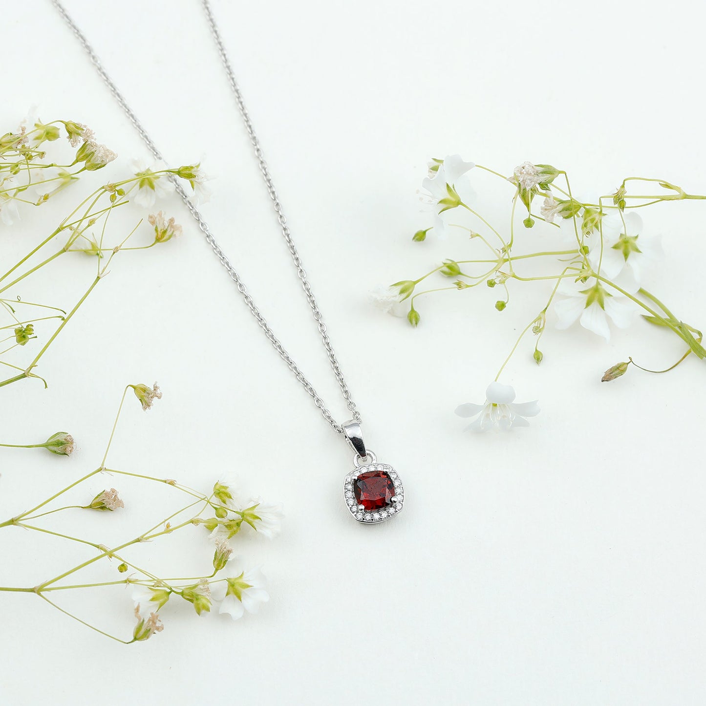 Cushion Cut Garnet and Moissanite Halo Pendant Necklace With Chain