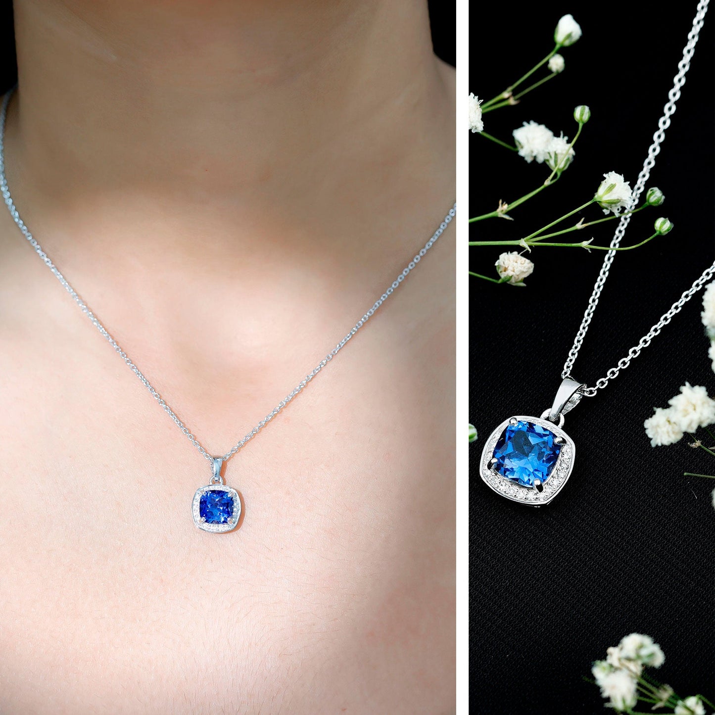 2.7 Carat Cushion Cut Lab Created Blue Sapphire and Diamond Halo Pendant
