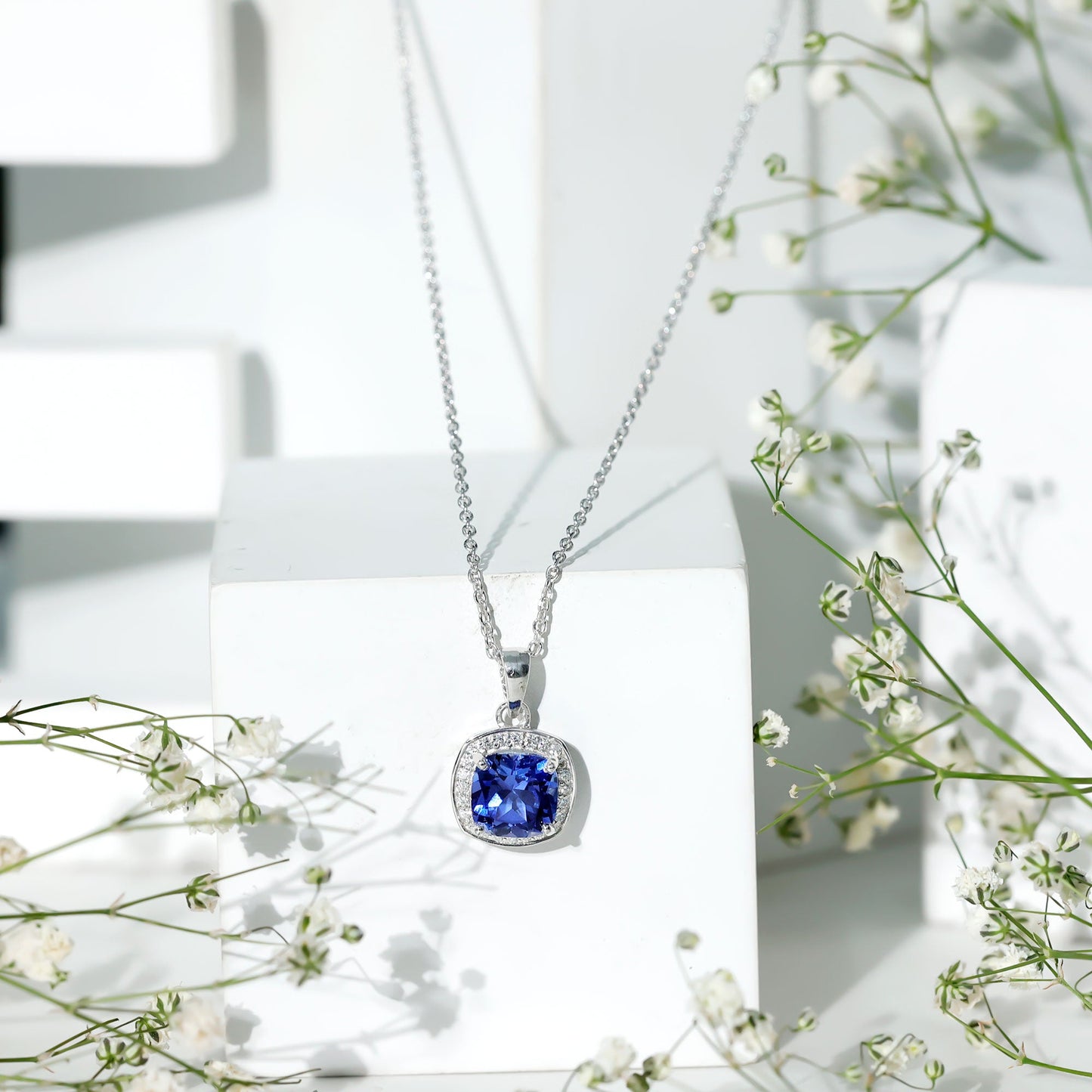 2.7 Carat Cushion Cut Lab Created Blue Sapphire and Diamond Halo Pendant