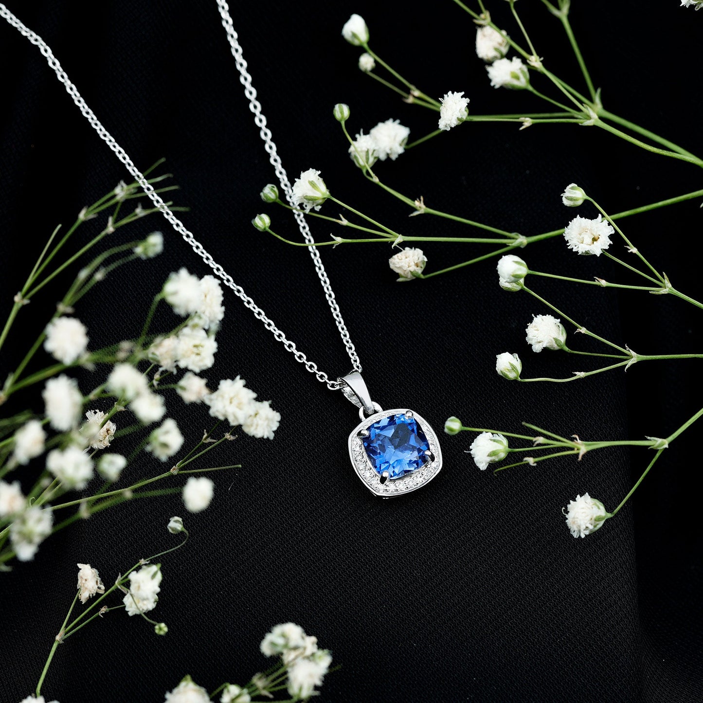2.7 Carat Cushion Cut Lab Created Blue Sapphire and Diamond Halo Pendant