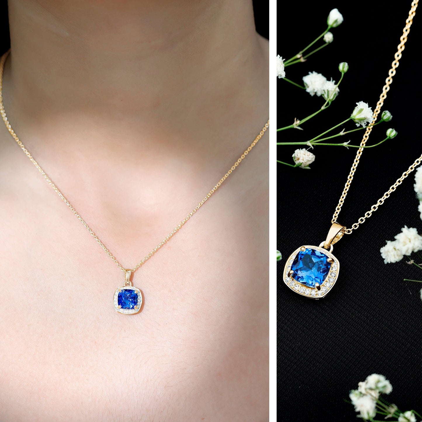 2.7 Carat Cushion Cut Lab Created Blue Sapphire and Diamond Halo Pendant