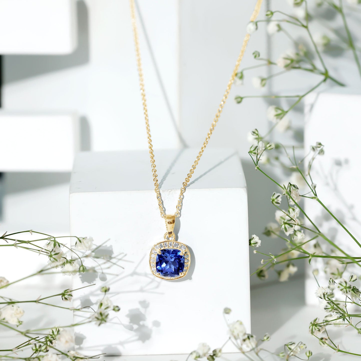 2.7 Carat Cushion Cut Lab Created Blue Sapphire and Diamond Halo Pendant