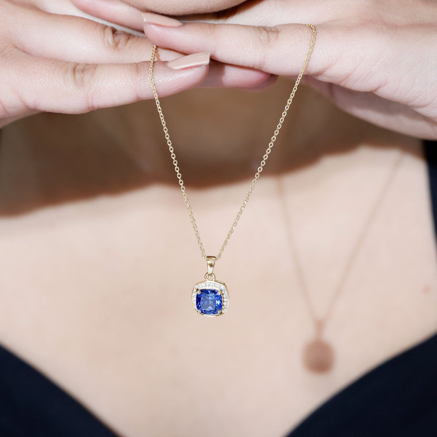 2.7 Carat Cushion Cut Lab Created Blue Sapphire and Diamond Halo Pendant