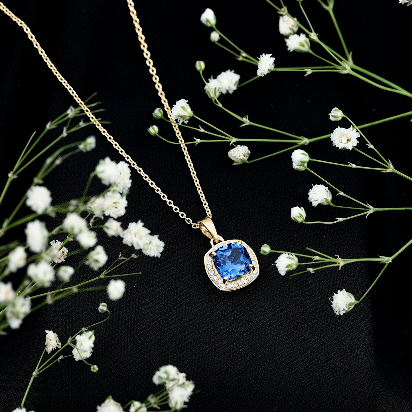2.7 Carat Cushion Cut Lab Created Blue Sapphire and Diamond Halo Pendant