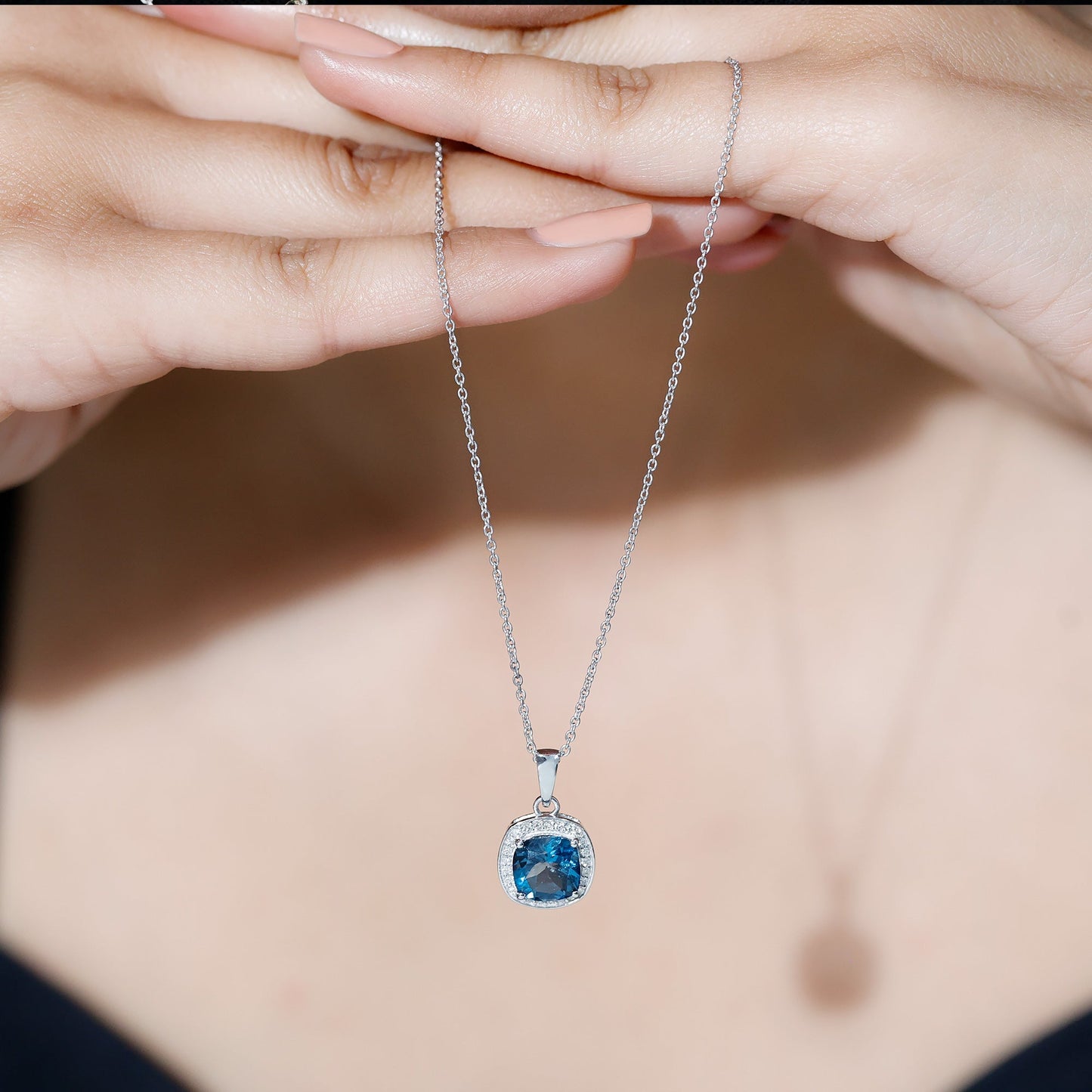 Cushion Cut 2.8 Carat London Blue Topaz Pendant with Diamond Halo