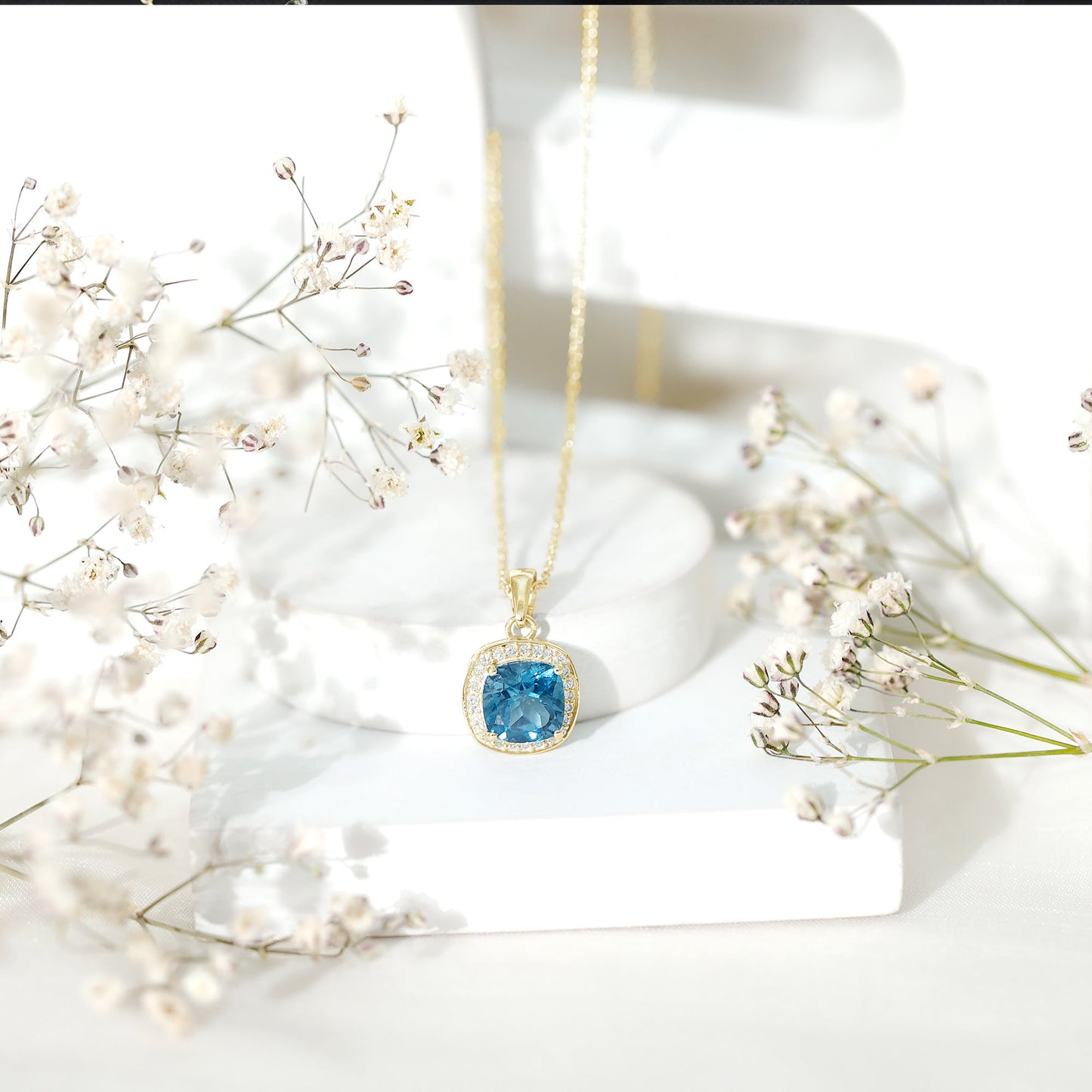 Cushion Cut 2.8 Carat London Blue Topaz Pendant with Diamond Halo