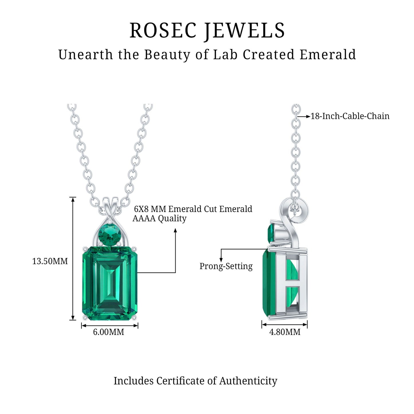 Certified 1.68 Carat Lab Created Emerald Solitaire Necklace