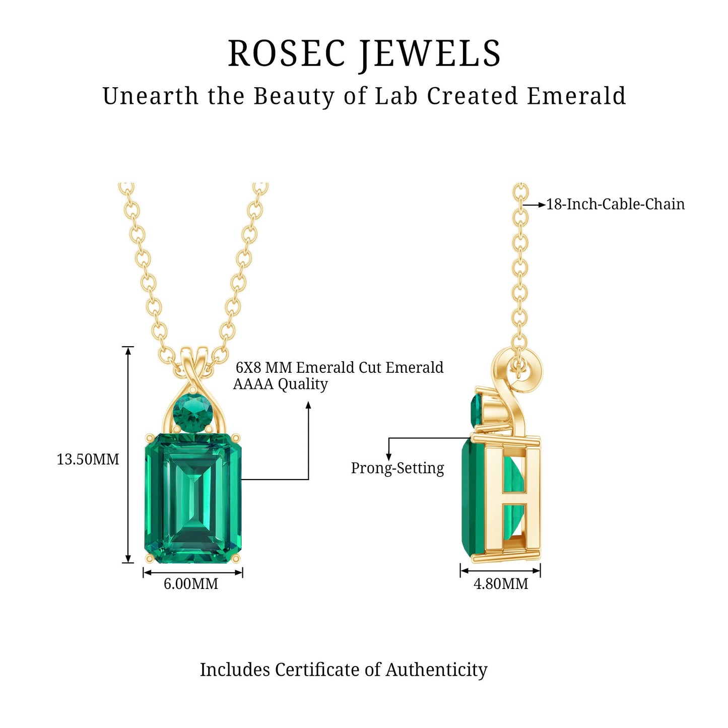 Certified 1.68 Carat Lab Created Emerald Solitaire Necklace