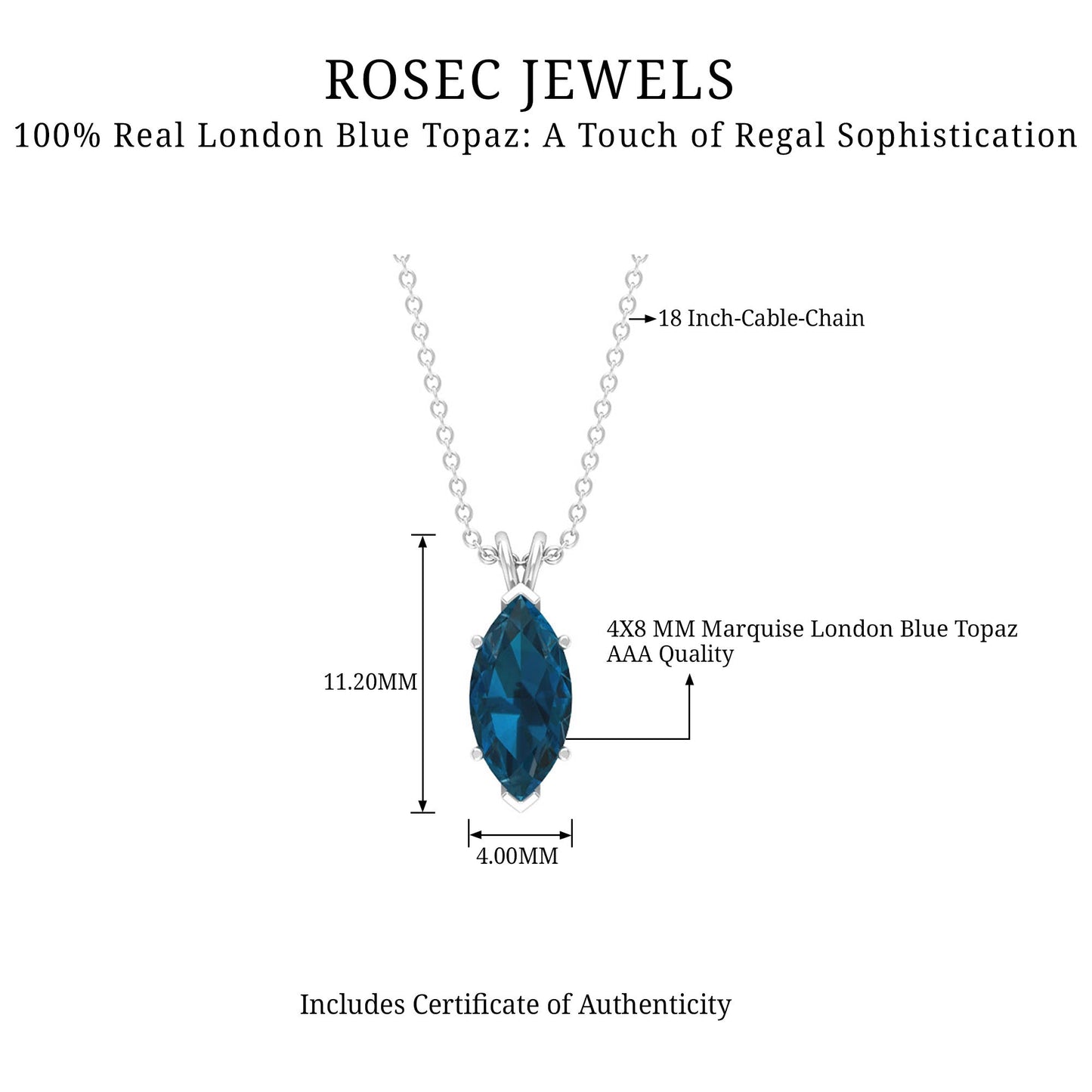 0.74 Carat Marquise Cut London Blue Topaz Solitaire Pendant