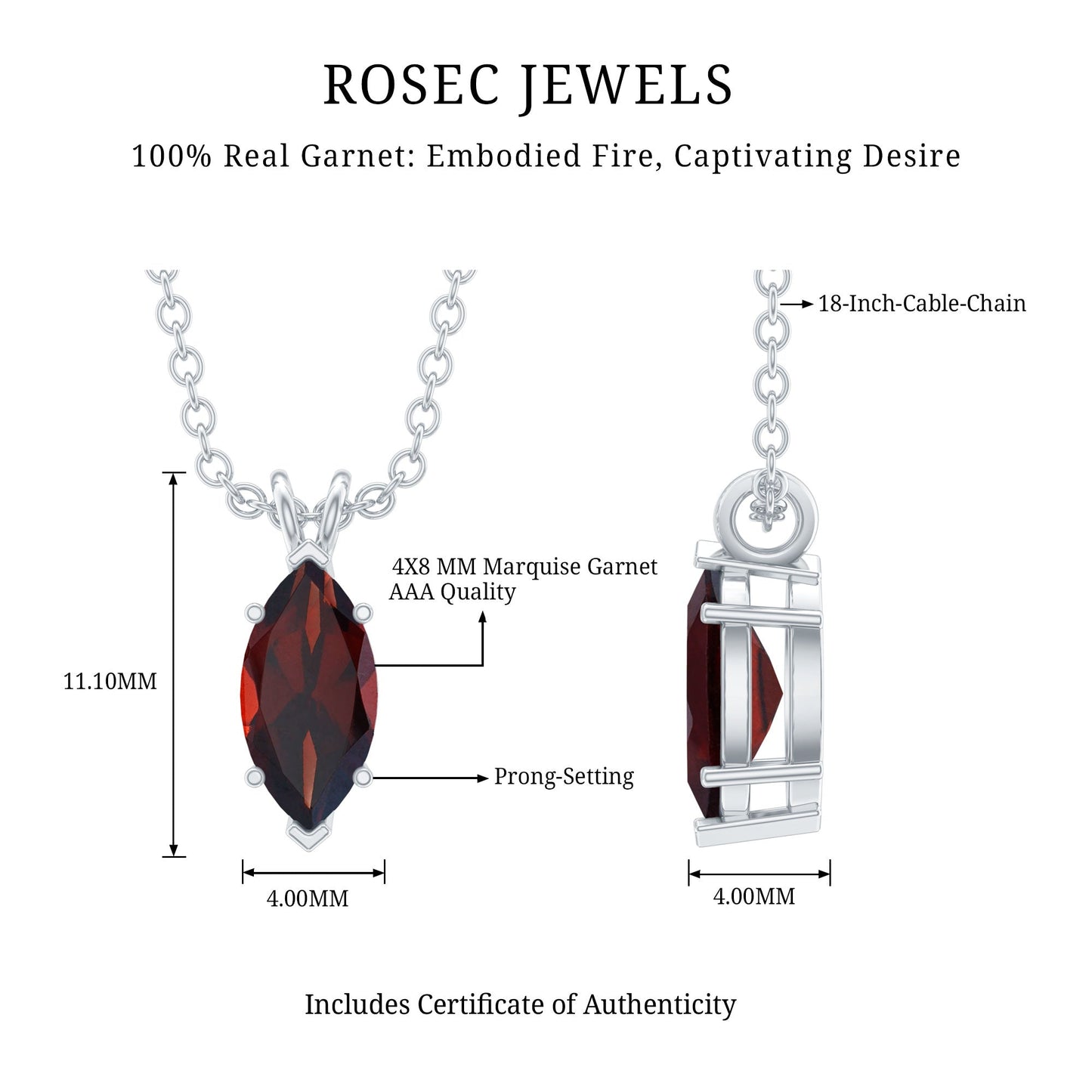 0.75 Carat Marquise Cut Garnet Solitaire Necklace With Chain