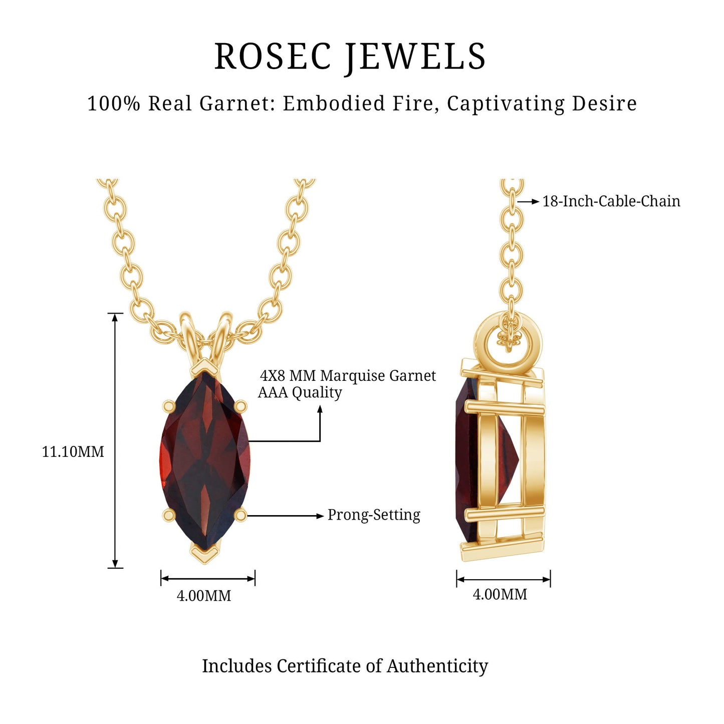 0.75 Carat Marquise Cut Garnet Solitaire Necklace With Chain