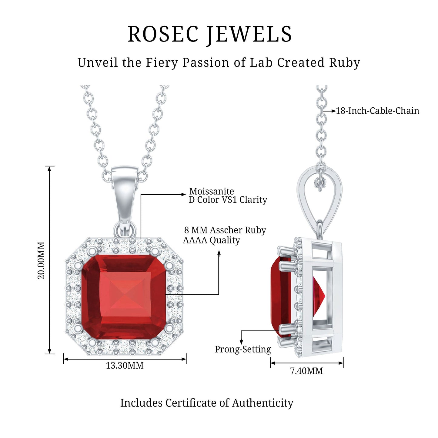 4.8 Carat Asscher Cut Lab Grown Ruby Necklace With Diamond