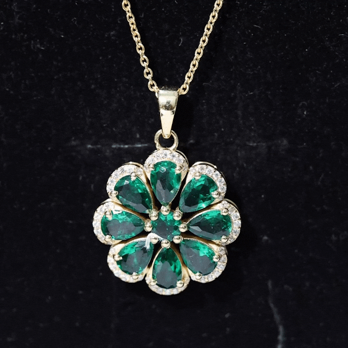 Womens Lab Grown Emerald Flower Necklace with Chain