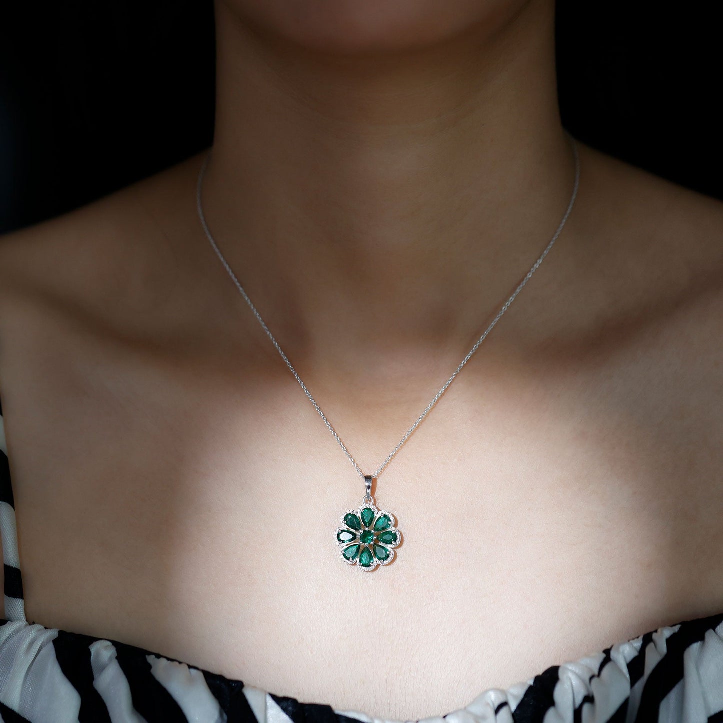 Womens Lab Grown Emerald Flower Necklace with Chain