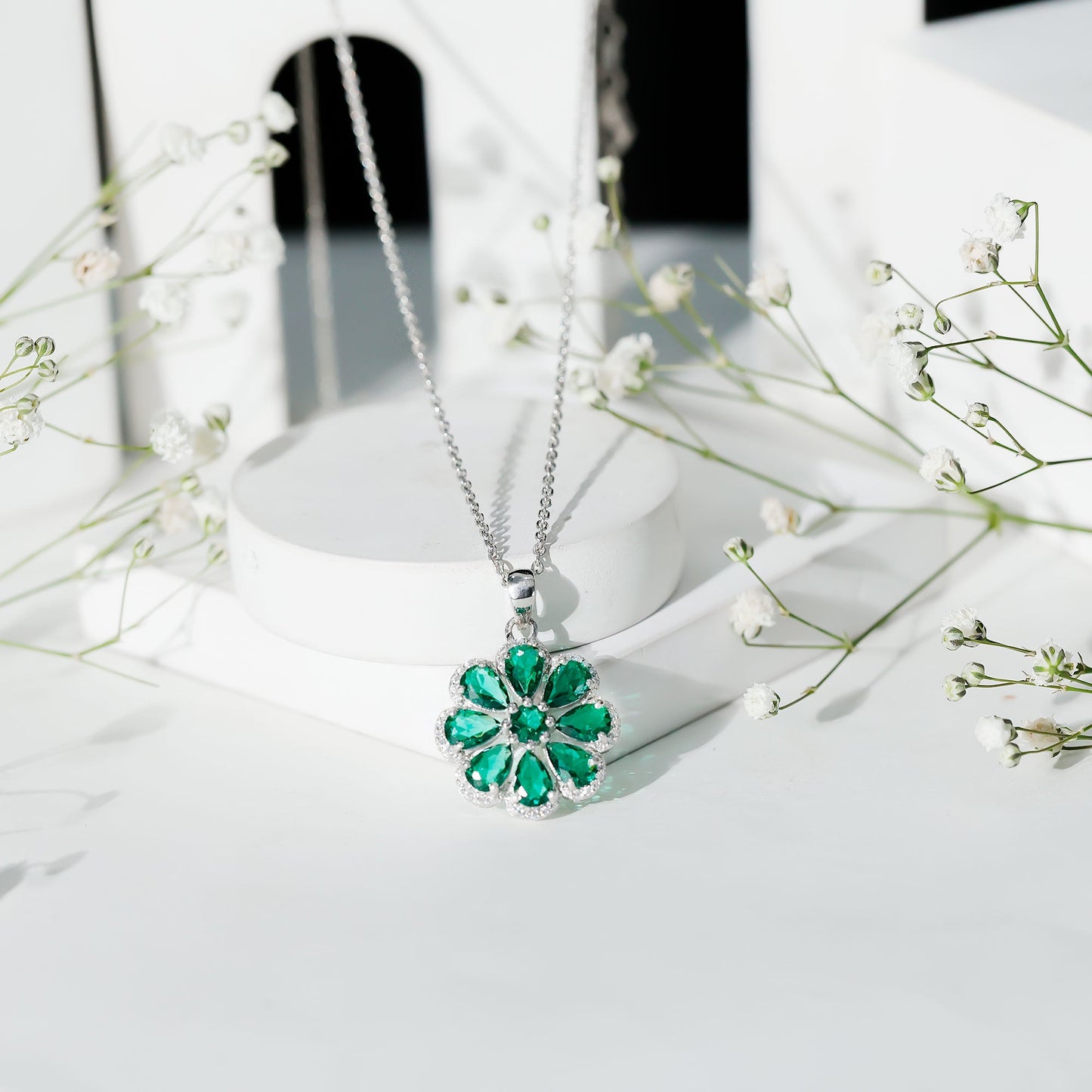 Womens Lab Grown Emerald Flower Necklace with Chain