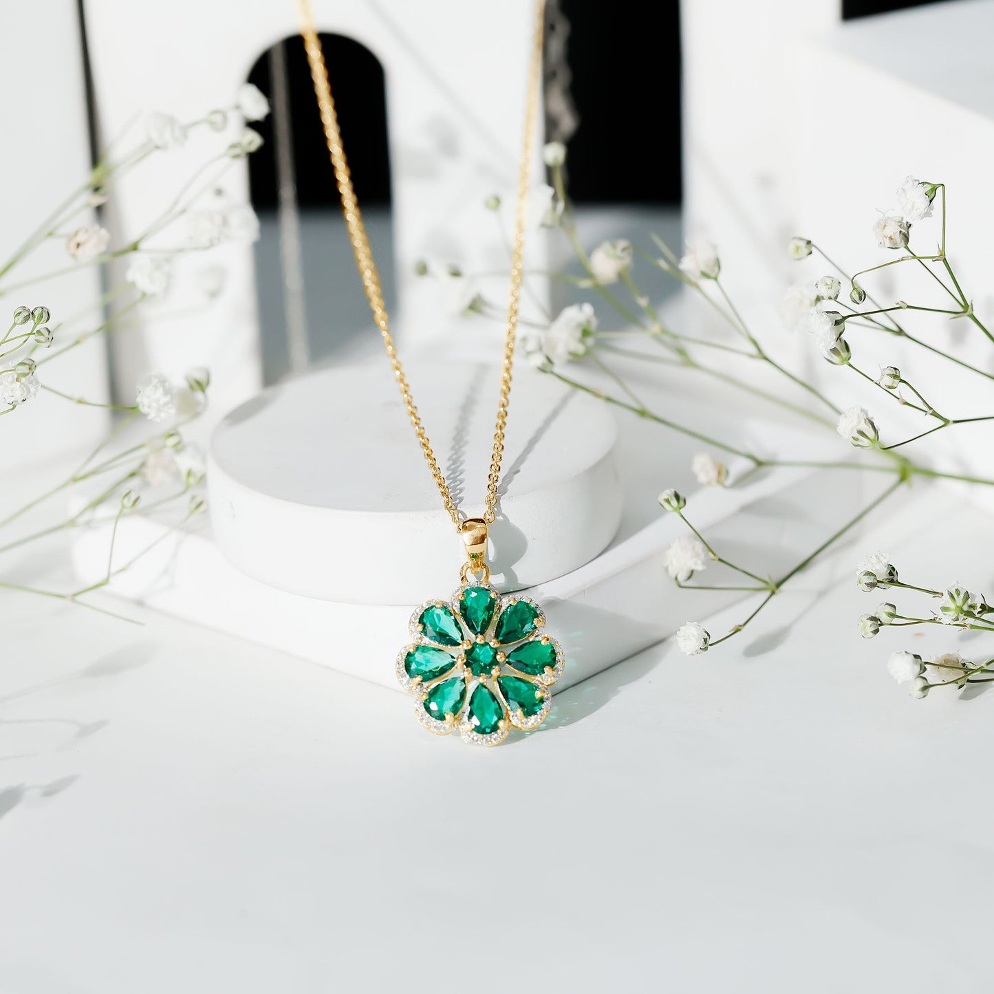 Womens Lab Grown Emerald Flower Necklace with Chain