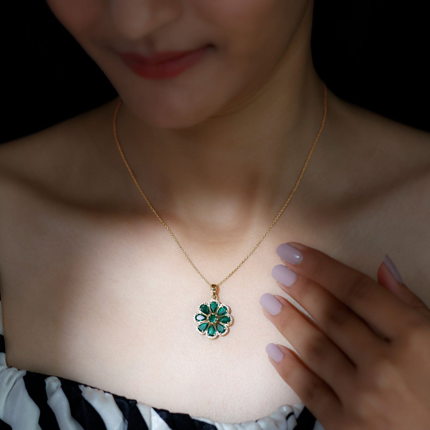 Womens Lab Grown Emerald Flower Necklace with Chain