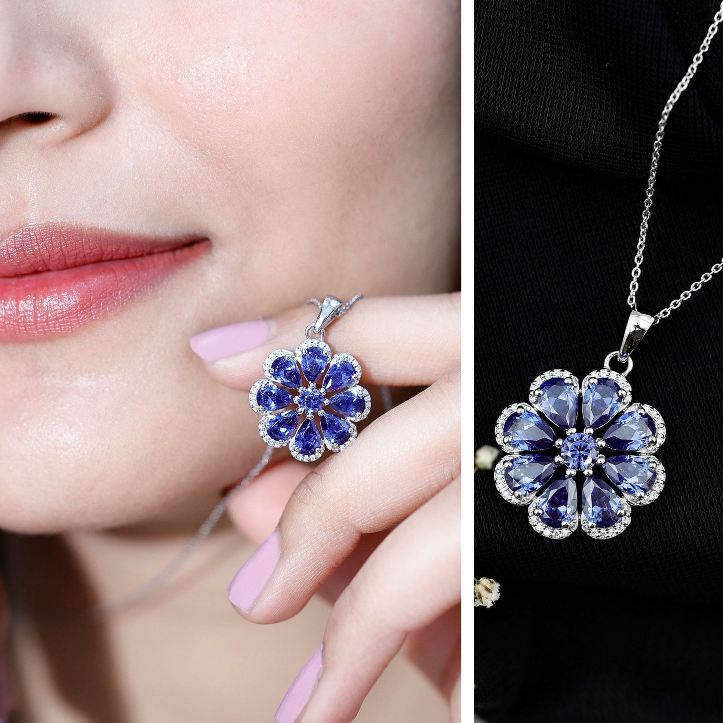 Lab Created Blue Sapphire Flower Necklace with Moissanite Halo