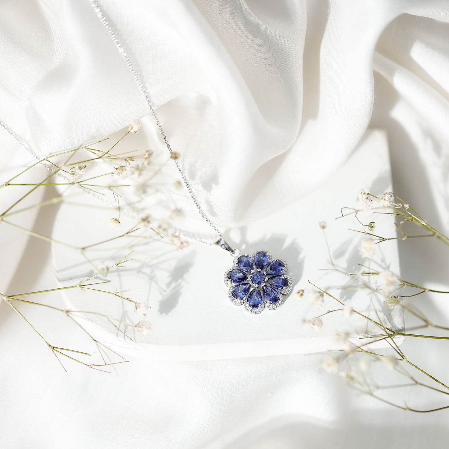 Lab Created Blue Sapphire Flower Necklace with Moissanite Halo