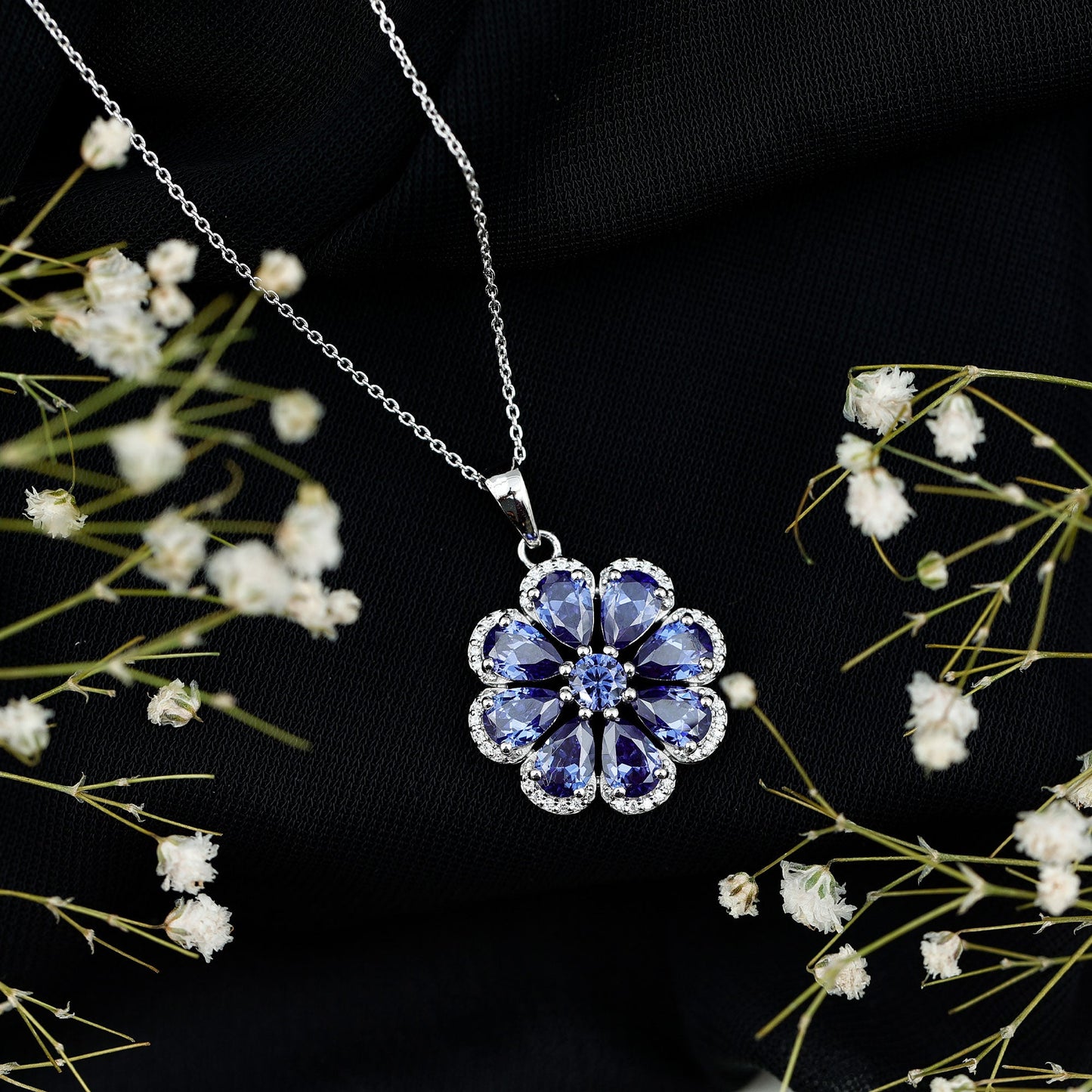 Lab Created Blue Sapphire Flower Necklace with Moissanite Halo