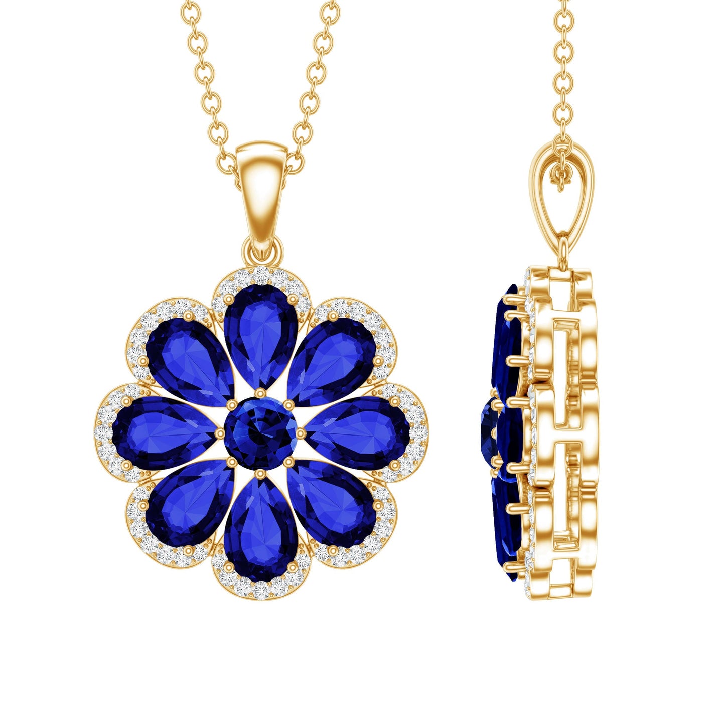 Lab Created Blue Sapphire Flower Necklace with Moissanite Halo