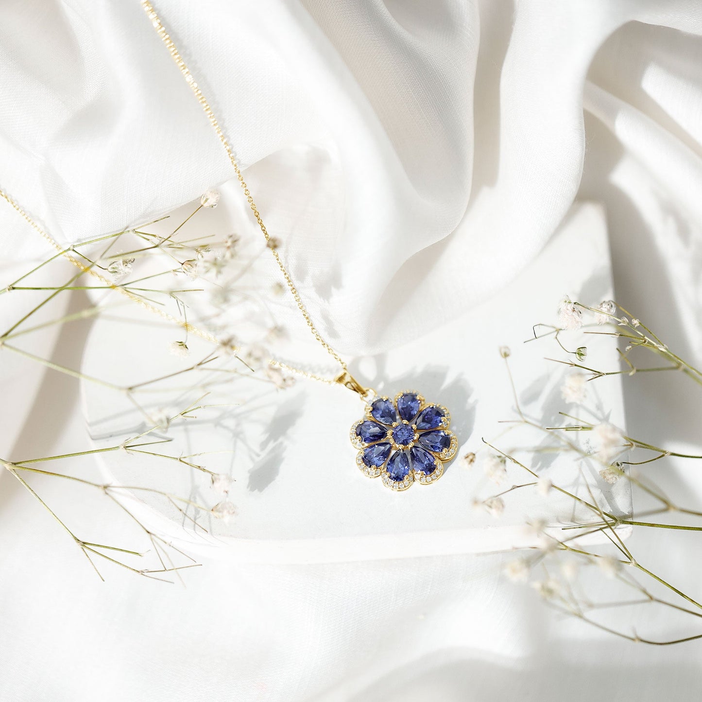 Lab Created Blue Sapphire Flower Necklace with Moissanite Halo