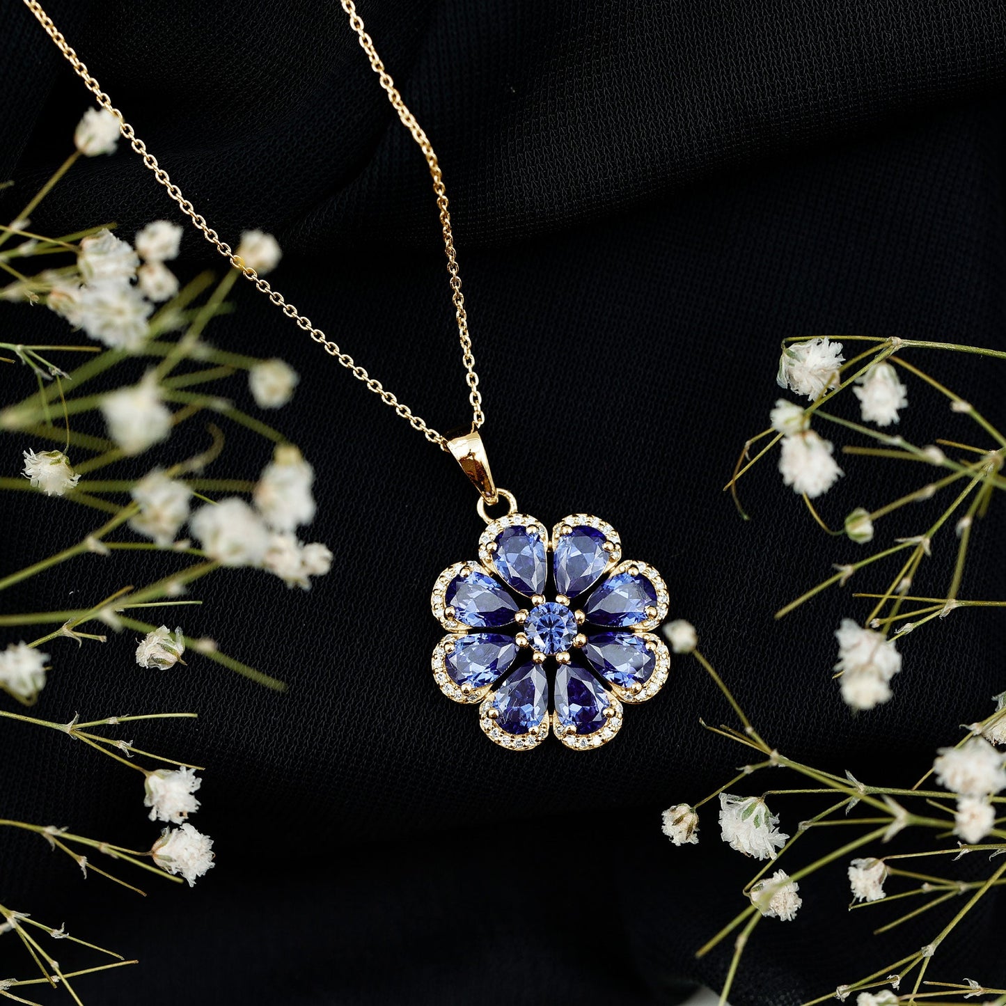 Lab Created Blue Sapphire Flower Necklace with Moissanite Halo