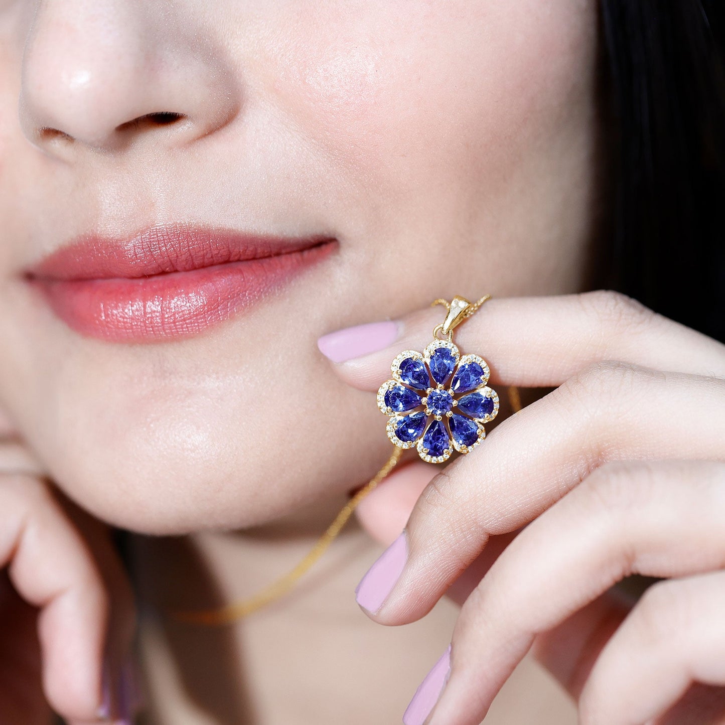Lab Created Blue Sapphire Flower Necklace with Moissanite Halo