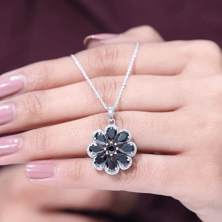 Certified Black Spinel Flower Necklace with Moissanite Halo