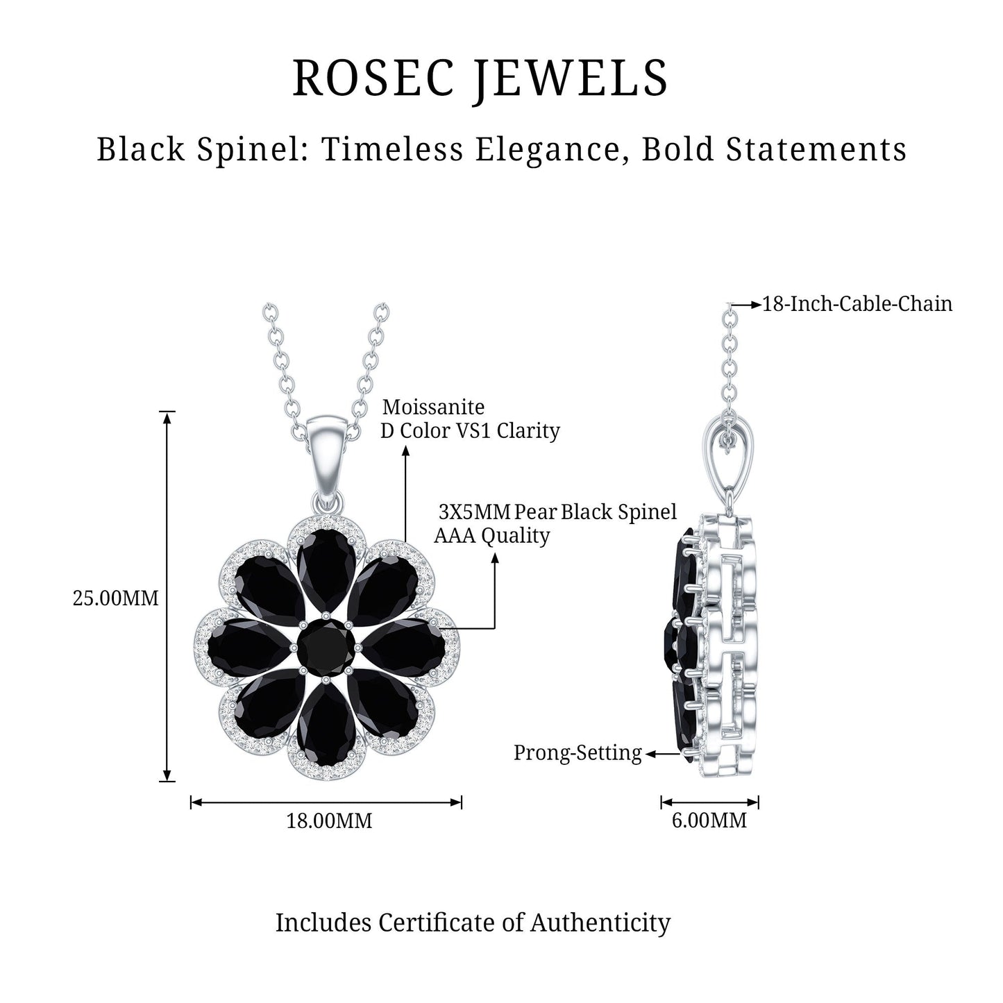 Certified Black Spinel Flower Necklace with Moissanite Halo