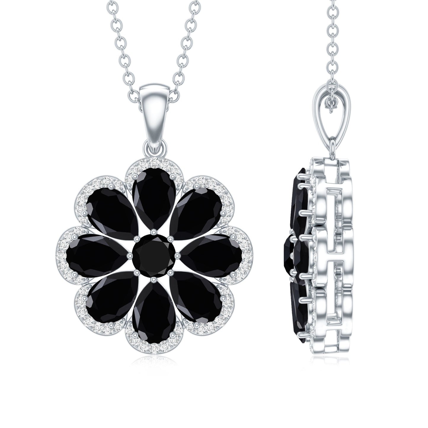 Certified Black Spinel Flower Necklace with Moissanite Halo