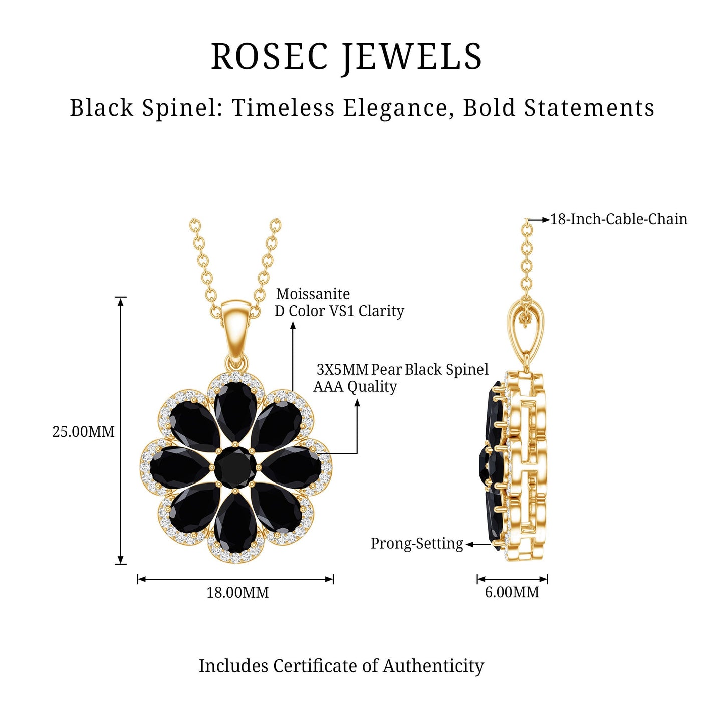 Certified Black Spinel Flower Necklace with Moissanite Halo