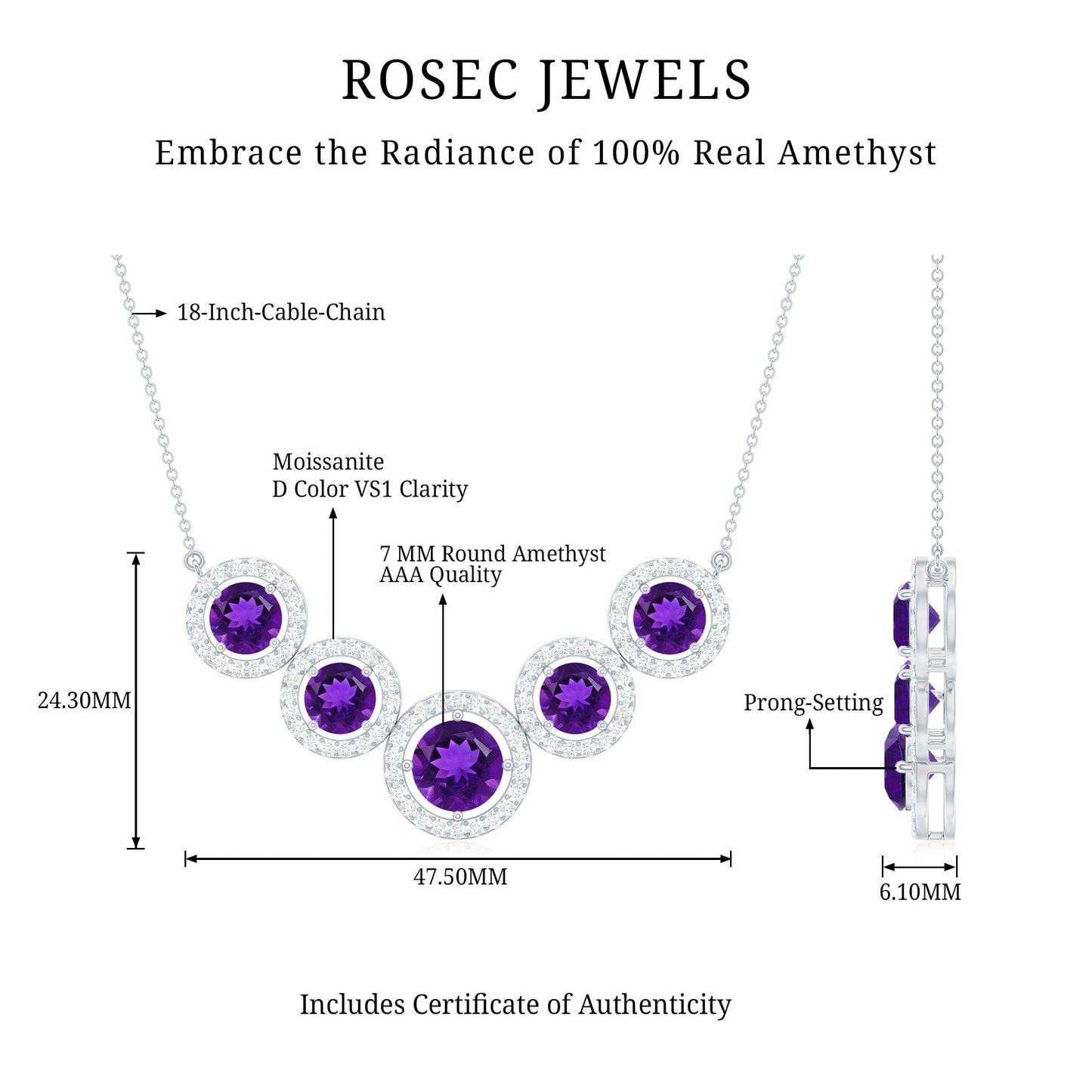 Natural Amethyst Bridal Necklace with Moissanite Halo