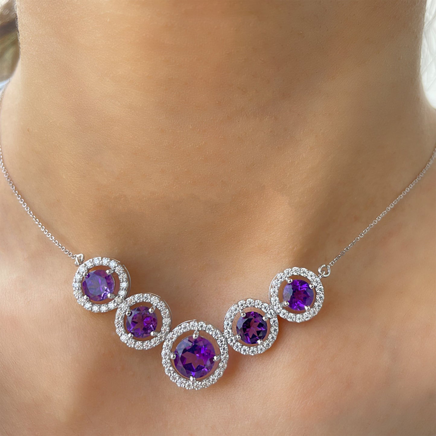Natural Amethyst Bridal Necklace with Moissanite Halo