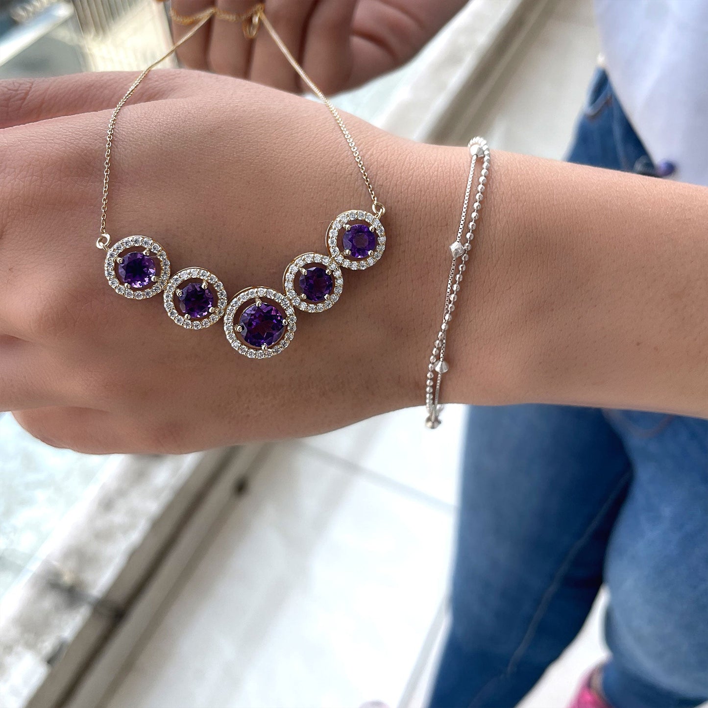 Natural Amethyst Bridal Necklace with Moissanite Halo