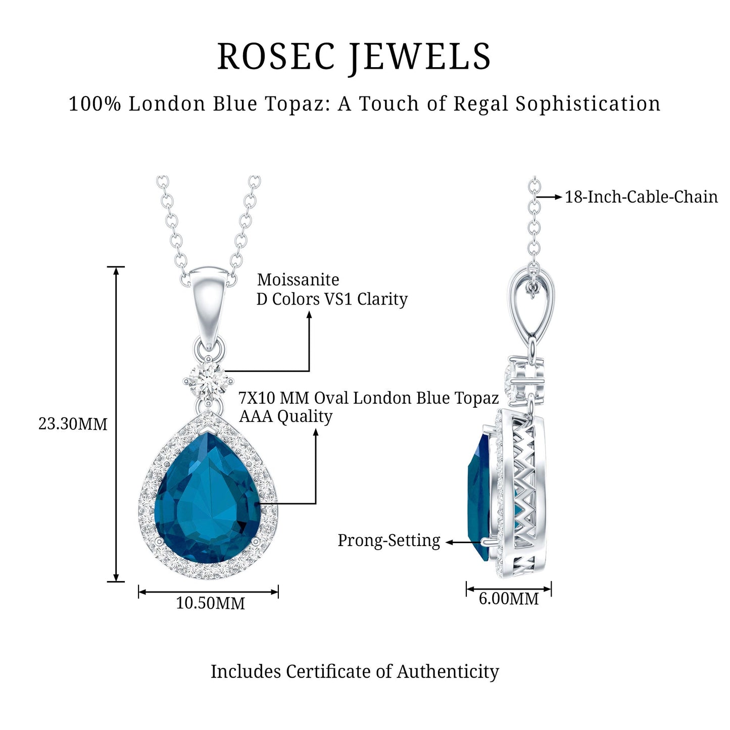 Certified London Blue Topaz Teardrop Necklace with Moissanite Halo