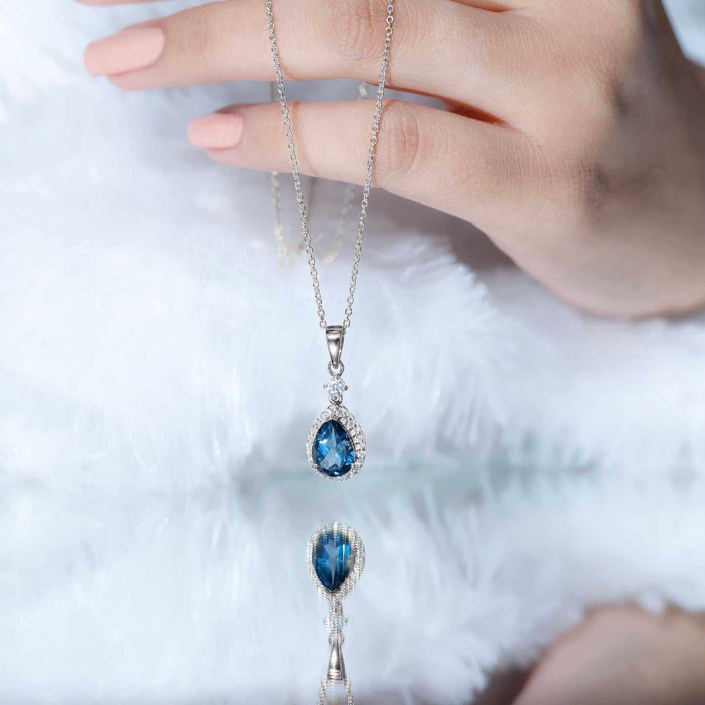 Certified London Blue Topaz Teardrop Necklace with Moissanite Halo