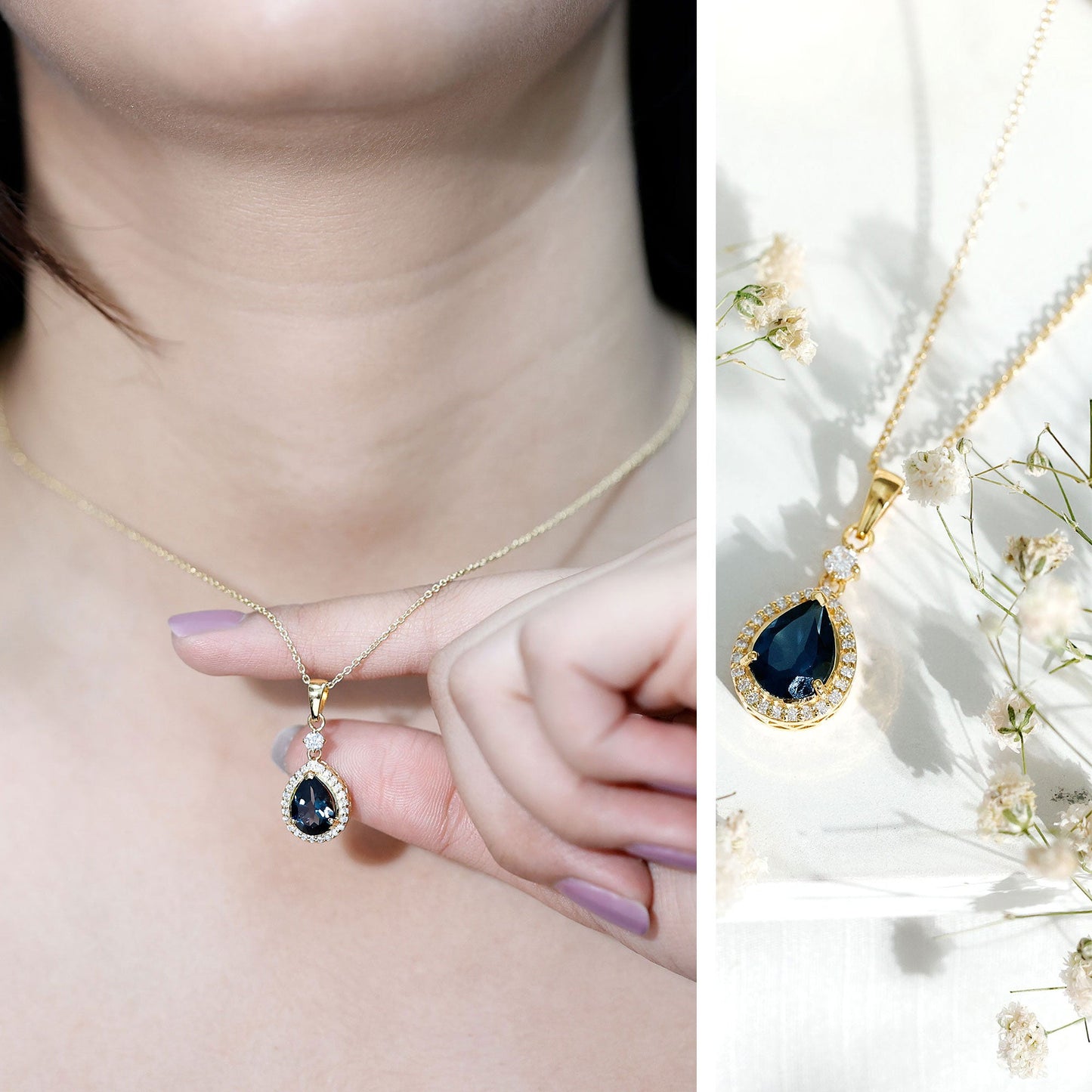Certified London Blue Topaz Teardrop Necklace with Moissanite Halo