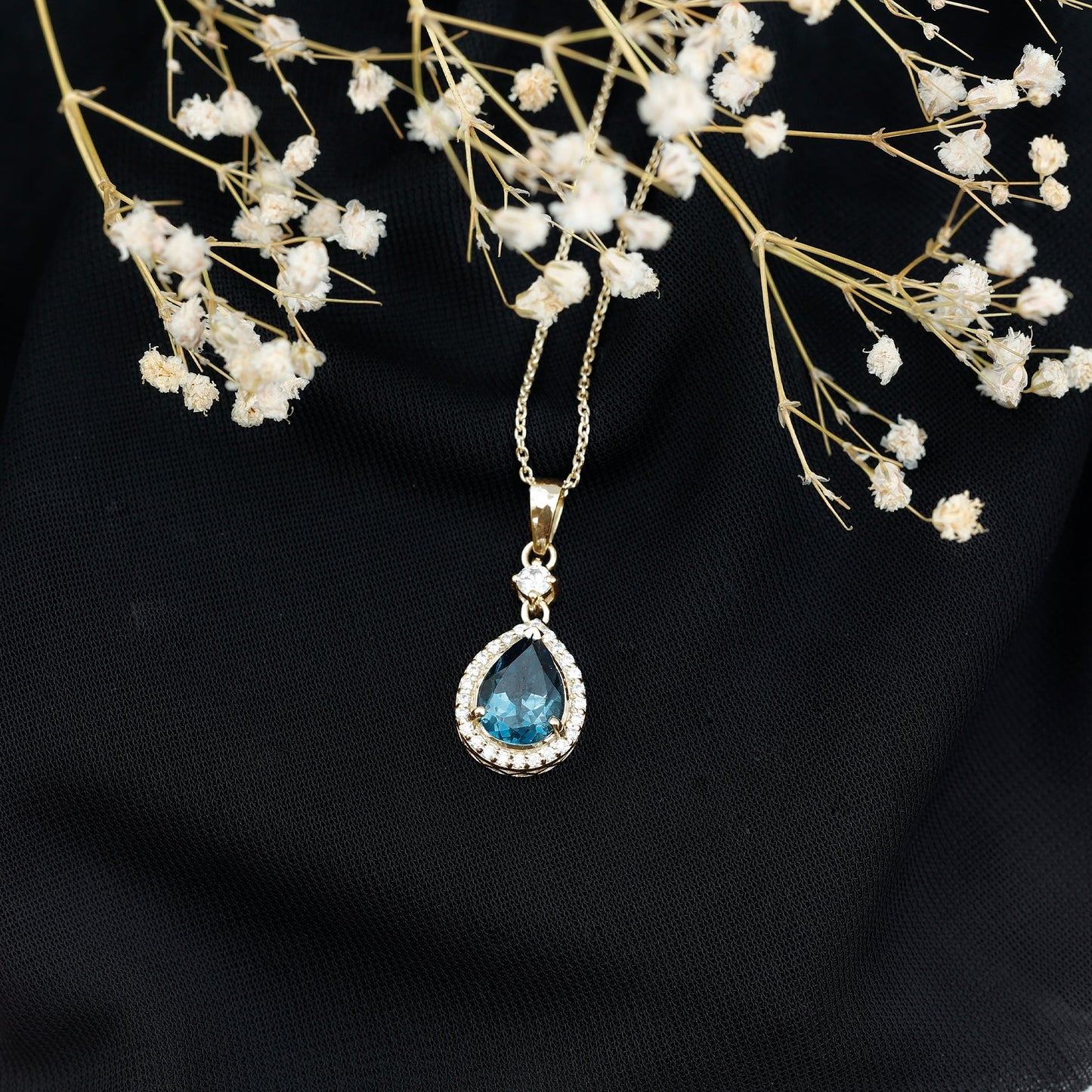 Certified London Blue Topaz Teardrop Necklace with Moissanite Halo