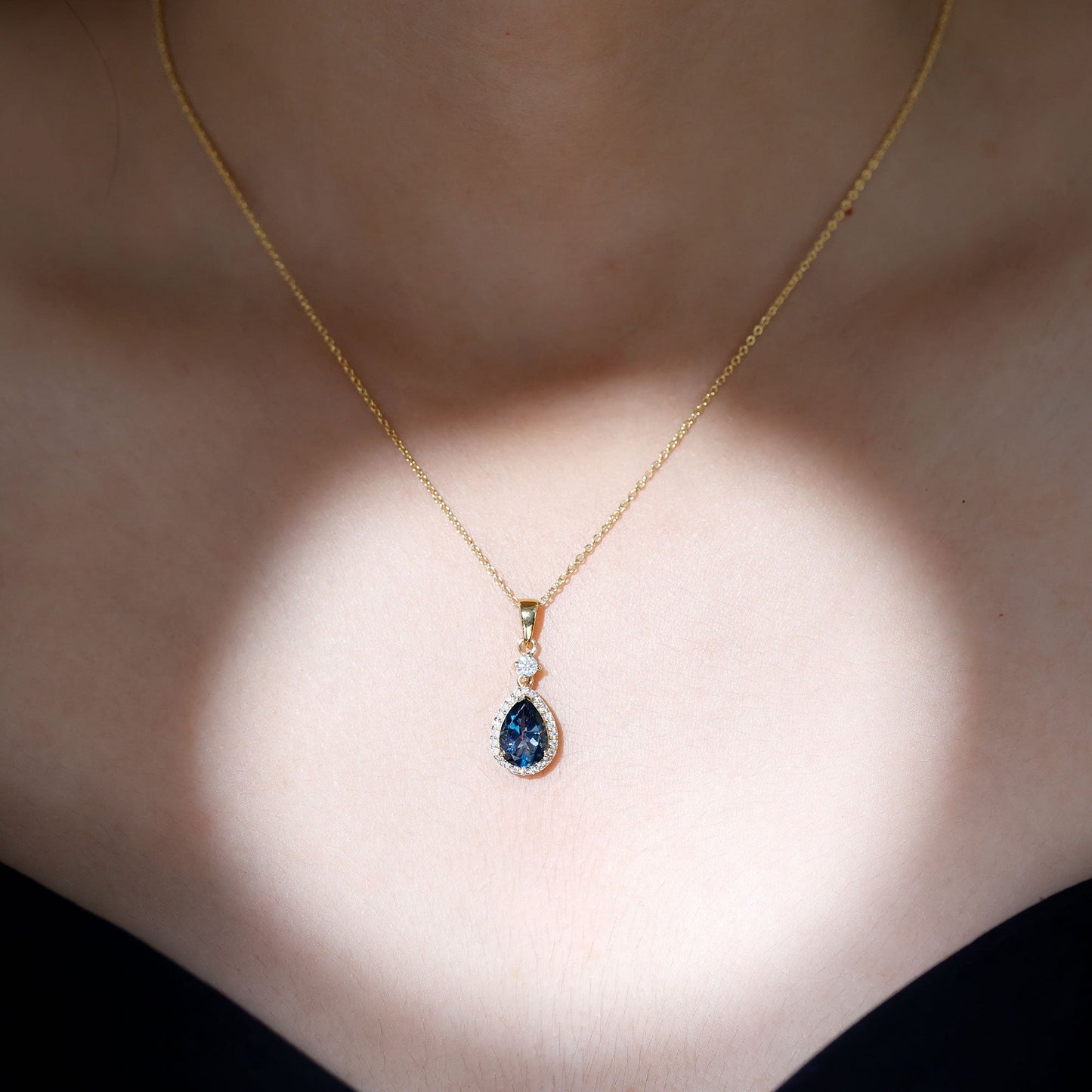 Certified London Blue Topaz Teardrop Necklace with Moissanite Halo